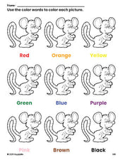 Free mouse coloring page and color worksheet for preschoolers to learn colors, printable PDF