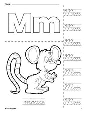 Free printable mouse coloring page and cursive letter tracing worksheet, letter m worksheet for preschool, pre-k, and kindergarten, PDF