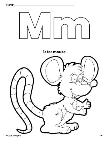 Free printable mouse coloring page, letter m coloring page for preschool, pre-k, and kindergarten, PDF