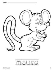 Free printable mouse coloring page and word tracing worksheet, letter formation guides, perfect for preschool, pre-k, and kindergarten, PDF