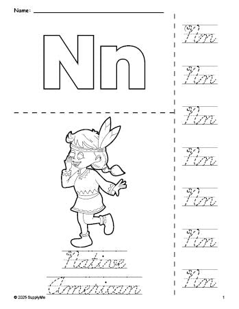 Free printable Native American Thanksgiving coloring page and cursive letter tracing worksheet, letter n worksheet for preschool, pre-k, and kindergarten, PDF