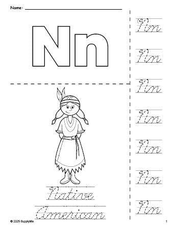 Free printable Native American Thanksgiving coloring page and cursive letter tracing worksheet, letter n worksheet for preschool, pre-k, and kindergarten, PDF