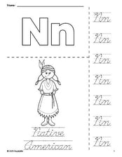 Free printable Native American Thanksgiving coloring page and cursive letter tracing worksheet, letter n worksheet for preschool, pre-k, and kindergarten, PDF