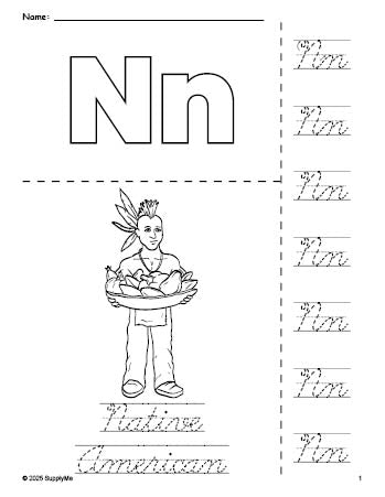 Free printable Native American Thanksgiving coloring page and cursive letter tracing worksheet, letter n worksheet for preschool, pre-k, and kindergarten, PDF