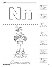 Free printable Native American Thanksgiving coloring page and cursive letter tracing worksheet, letter n worksheet for preschool, pre-k, and kindergarten, PDF