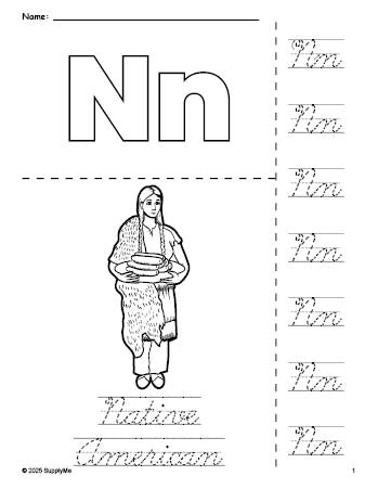 Free printable Native American Thanksgiving coloring page and cursive letter tracing worksheet, letter n worksheet for preschool, pre-k, and kindergarten, PDF