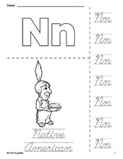 Free printable Native American Thanksgiving coloring page and cursive letter tracing worksheet, letter n worksheet for preschool, pre-k, and kindergarten, PDF