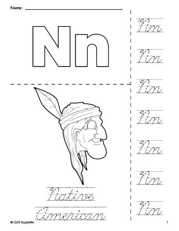 Free printable Native American Thanksgiving coloring page and cursive letter tracing worksheet, letter n worksheet for preschool, pre-k, and kindergarten, PDF