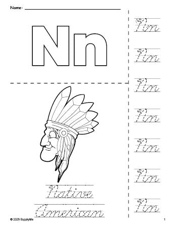 Free printable Native American Thanksgiving coloring page and cursive letter tracing worksheet, letter n worksheet for preschool, pre-k, and kindergarten, PDF