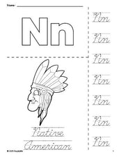 Free printable Native American Thanksgiving coloring page and cursive letter tracing worksheet, letter n worksheet for preschool, pre-k, and kindergarten, PDF