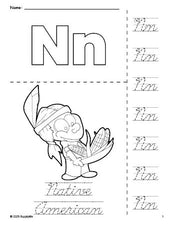 Free printable Native American Thanksgiving coloring page and cursive letter tracing worksheet, letter n worksheet for preschool, pre-k, and kindergarten, PDF