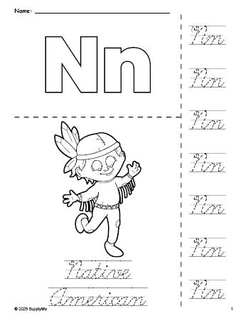 Free printable Native American Thanksgiving coloring page and cursive letter tracing worksheet, letter n worksheet for preschool, pre-k, and kindergarten, PDF