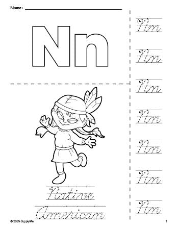 Free printable Native American Thanksgiving coloring page and cursive letter tracing worksheet, letter n worksheet for preschool, pre-k, and kindergarten, PDF