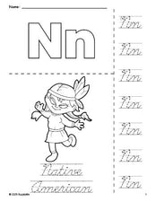 Free printable Native American Thanksgiving coloring page and cursive letter tracing worksheet, letter n worksheet for preschool, pre-k, and kindergarten, PDF