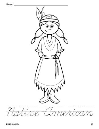 Free printable Native American Thanksgiving coloring page and cursive word tracing worksheet, perfect for preschool, pre-k, and kindergarten, PDF