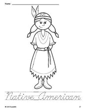 Free printable Native American Thanksgiving coloring page and cursive word tracing worksheet, perfect for preschool, pre-k, and kindergarten, PDF