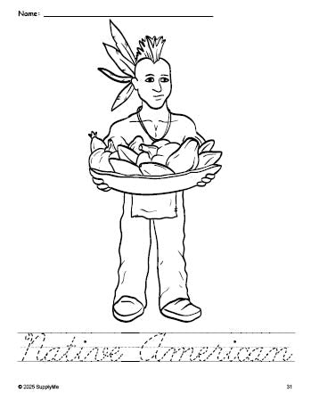 Free printable Native American Thanksgiving coloring page and cursive word tracing worksheet, perfect for preschool, pre-k, and kindergarten, PDF