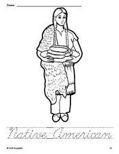 Free printable Native American Thanksgiving coloring page and cursive word tracing worksheet, perfect for preschool, pre-k, and kindergarten, PDF