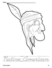 Free printable Native American Thanksgiving coloring page and cursive word tracing worksheet, perfect for preschool, pre-k, and kindergarten, PDF