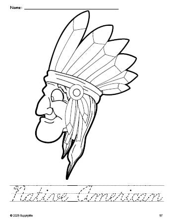 Free printable Native American Thanksgiving coloring page and cursive word tracing worksheet, perfect for preschool, pre-k, and kindergarten, PDF