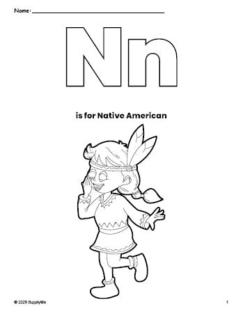 Free printable Native American Thanksgiving coloring page, letter n coloring page for preschool, pre-k, and kindergarten, PDF