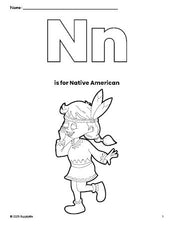 Free printable Native American Thanksgiving coloring page, letter n coloring page for preschool, pre-k, and kindergarten, PDF