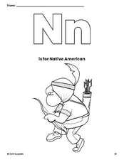 Free printable Native American Thanksgiving coloring page, letter n coloring page for preschool, pre-k, and kindergarten, PDF