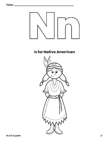 Free printable Native American Thanksgiving coloring page, letter n coloring page for preschool, pre-k, and kindergarten, PDF