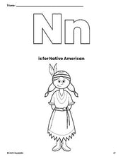 Free printable Native American Thanksgiving coloring page, letter n coloring page for preschool, pre-k, and kindergarten, PDF