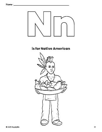 Free printable Native American Thanksgiving coloring page, letter n coloring page for preschool, pre-k, and kindergarten, PDF