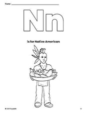 Free printable Native American Thanksgiving coloring page, letter n coloring page for preschool, pre-k, and kindergarten, PDF