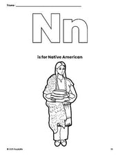 Free printable Native American Thanksgiving coloring page, letter n coloring page for preschool, pre-k, and kindergarten, PDF