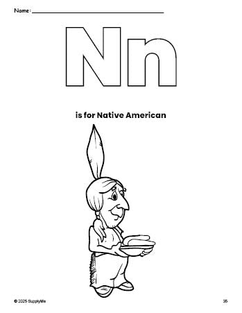 Free printable Native American Thanksgiving coloring page, letter n coloring page for preschool, pre-k, and kindergarten, PDF