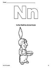 Free printable Native American Thanksgiving coloring page, letter n coloring page for preschool, pre-k, and kindergarten, PDF