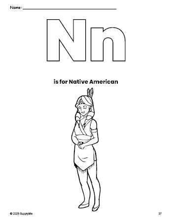 Free printable Native American Thanksgiving coloring page, letter n coloring page for preschool, pre-k, and kindergarten, PDF