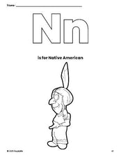 Free printable Native American Thanksgiving coloring page, letter n coloring page for preschool, pre-k, and kindergarten, PDF