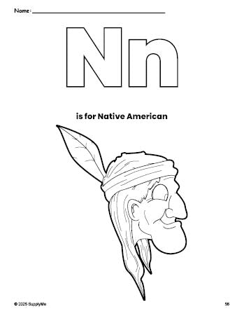 Free printable Native American Thanksgiving coloring page, letter n coloring page for preschool, pre-k, and kindergarten, PDF