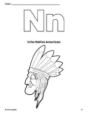 Free printable Native American Thanksgiving coloring page, letter n coloring page for preschool, pre-k, and kindergarten, PDF