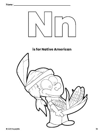 Free printable Native American Thanksgiving coloring page, letter n coloring page for preschool, pre-k, and kindergarten, PDF