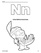 Free printable Native American Thanksgiving coloring page, letter n coloring page for preschool, pre-k, and kindergarten, PDF