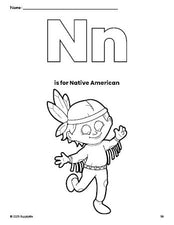 Free printable Native American Thanksgiving coloring page, letter n coloring page for preschool, pre-k, and kindergarten, PDF