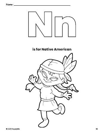 Free printable Native American Thanksgiving coloring page, letter n coloring page for preschool, pre-k, and kindergarten, PDF