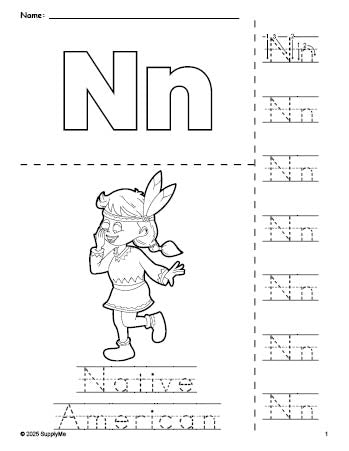 Free printable Native American Thanksgiving coloring page and letter tracing worksheet, letter n worksheet for preschool, pre-k, and kindergarten, PDF