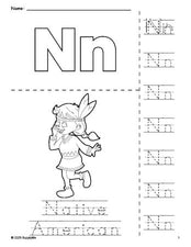 Free printable Native American Thanksgiving coloring page and letter tracing worksheet, letter n worksheet for preschool, pre-k, and kindergarten, PDF