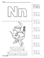 Free printable Native American Thanksgiving coloring page and letter tracing worksheet, letter n worksheet for preschool, pre-k, and kindergarten, PDF