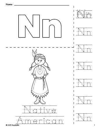 Free printable Native American Thanksgiving coloring page and letter tracing worksheet, letter n worksheet for preschool, pre-k, and kindergarten, PDF