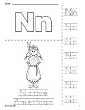 Free printable Native American Thanksgiving coloring page and letter tracing worksheet, letter n worksheet for preschool, pre-k, and kindergarten, PDF