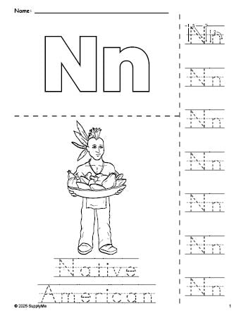 Free printable Native American Thanksgiving coloring page and letter tracing worksheet, letter n worksheet for preschool, pre-k, and kindergarten, PDF