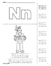 Free printable Native American Thanksgiving coloring page and letter tracing worksheet, letter n worksheet for preschool, pre-k, and kindergarten, PDF