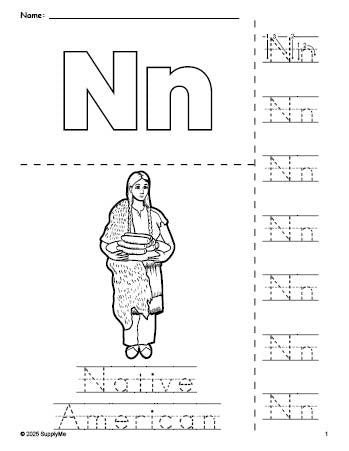 Free printable Native American Thanksgiving coloring page and letter tracing worksheet, letter n worksheet for preschool, pre-k, and kindergarten, PDF